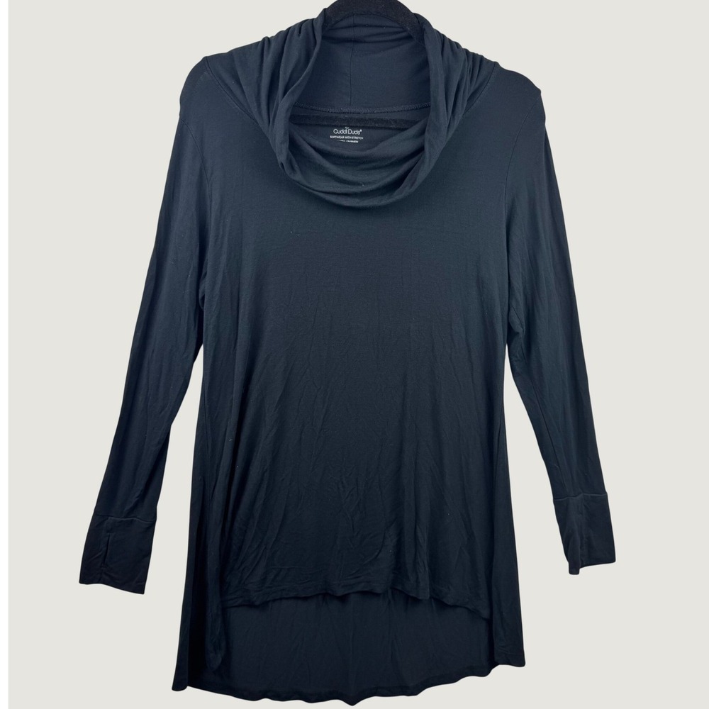 Cuddl Duds Cowl Neck Tunic Women Large Black Softwear Stretch Thumbhole Lounge
